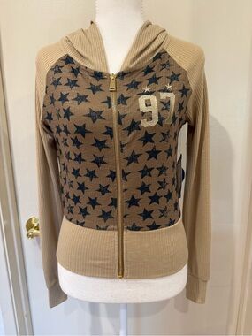 Blue Riot Tan Star-Print Hooded Zip Cardigan Sweater